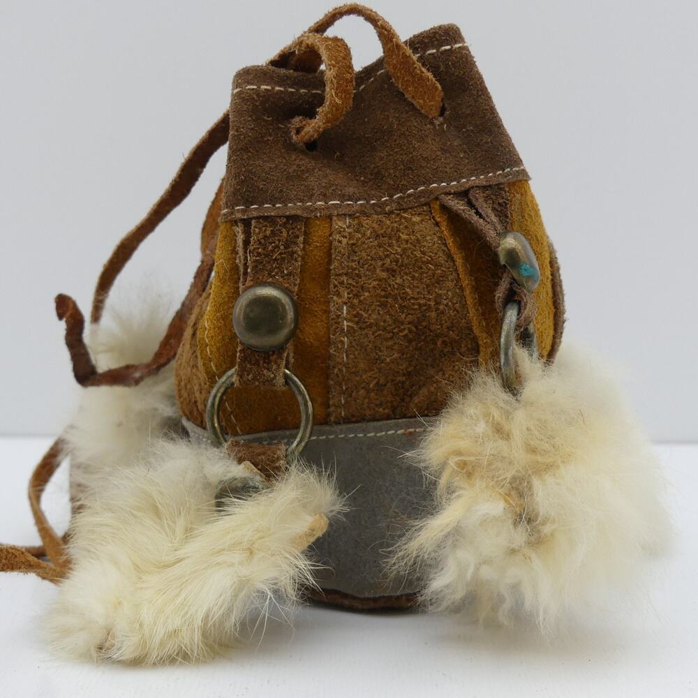 Vintage Rare 1960s 70s Handmade Leather Pouch Bag Boho Fur Trim Drawstring Purse - Picture 4 of 7